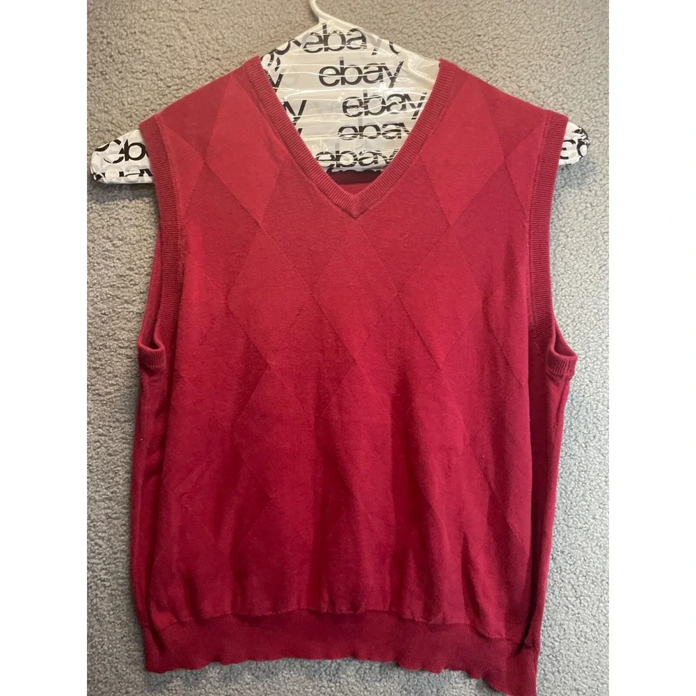 Oscar De La Renta Sweater Vest Mens Extra Large‎ XL Red V Neck Argyle